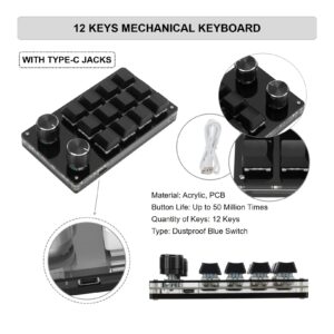 KUIDAMOS 12 Key Mechanical Numpad Mini Mechanical Gaming Keyboard,Macro Keyboard Knob with Knob Function and Type C to USB Interface Mini One Handed One Click Start for Linux OS X(Black)