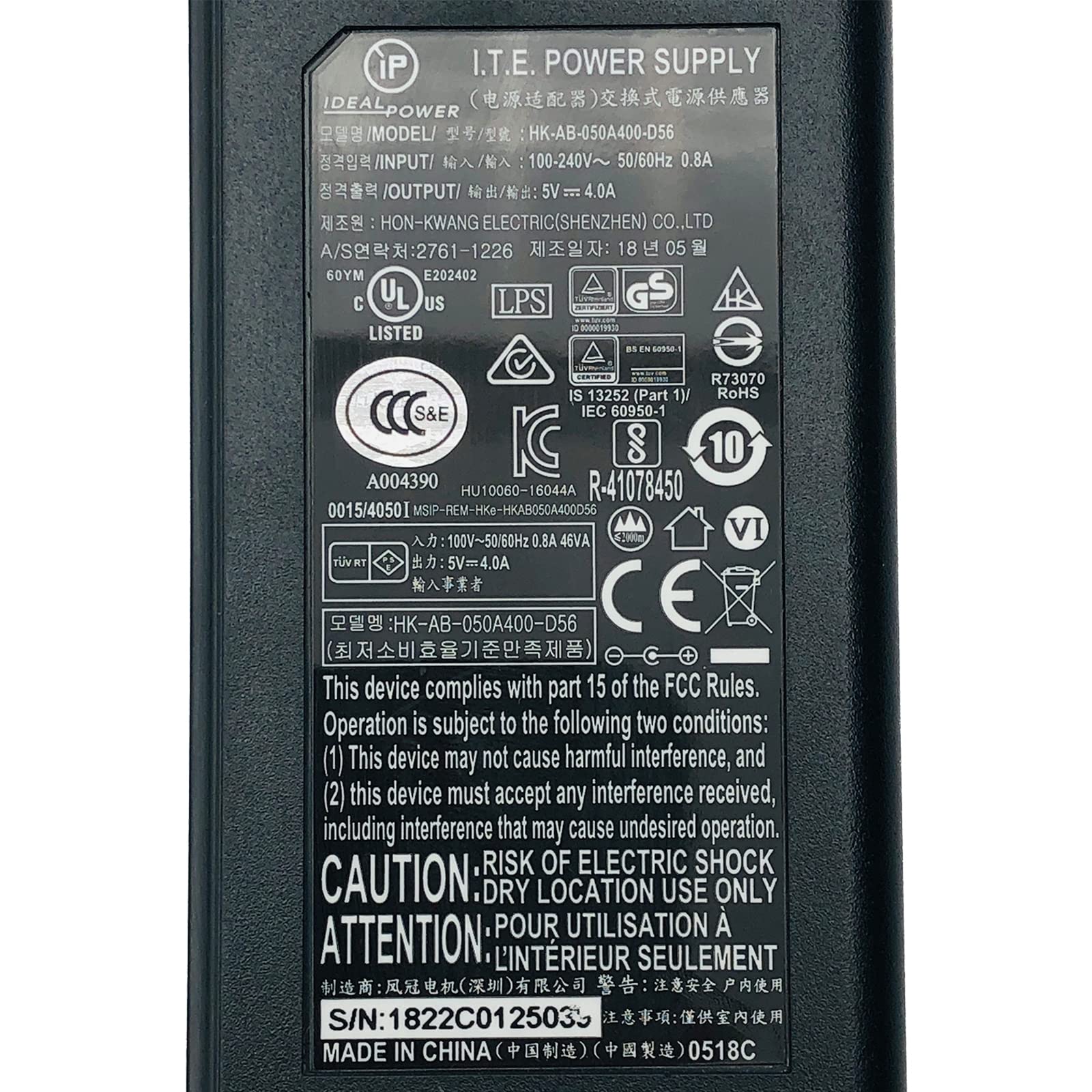 Ideal Power 20W AC Adapter HK-AB-050A400-D56 5v 4A 5.5x2.5 mm Power Supply