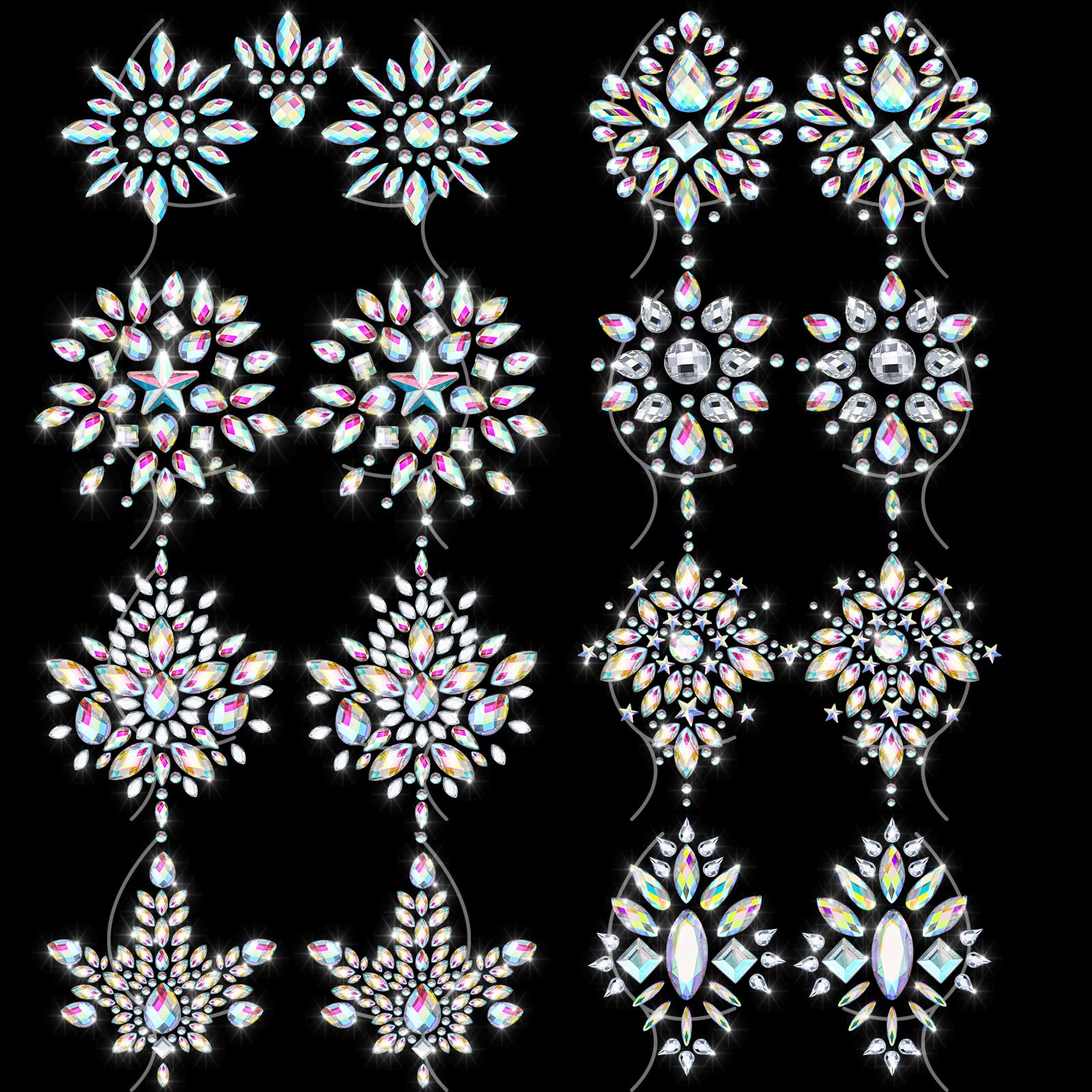 8 Sheet Rhinestone Pasties Glitter Pasties Breast Covers Crystal Tattoo Jewels Pasties Rave Adhesive Breast Body Gems Temporary Chest Stickers Stick Decoration Pasties for Women Festival Makeup Decor