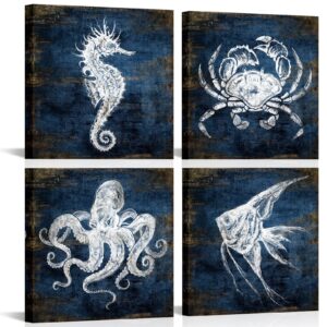 KLVOS Navy Blue Ocean Animal Art Prints Angle Fish Octopus Seahorse Crab Canvas Pictures Modern Bathroom Wall Decor Framed for Kids Baby Nursery Wall Art 12x12inx4pcs