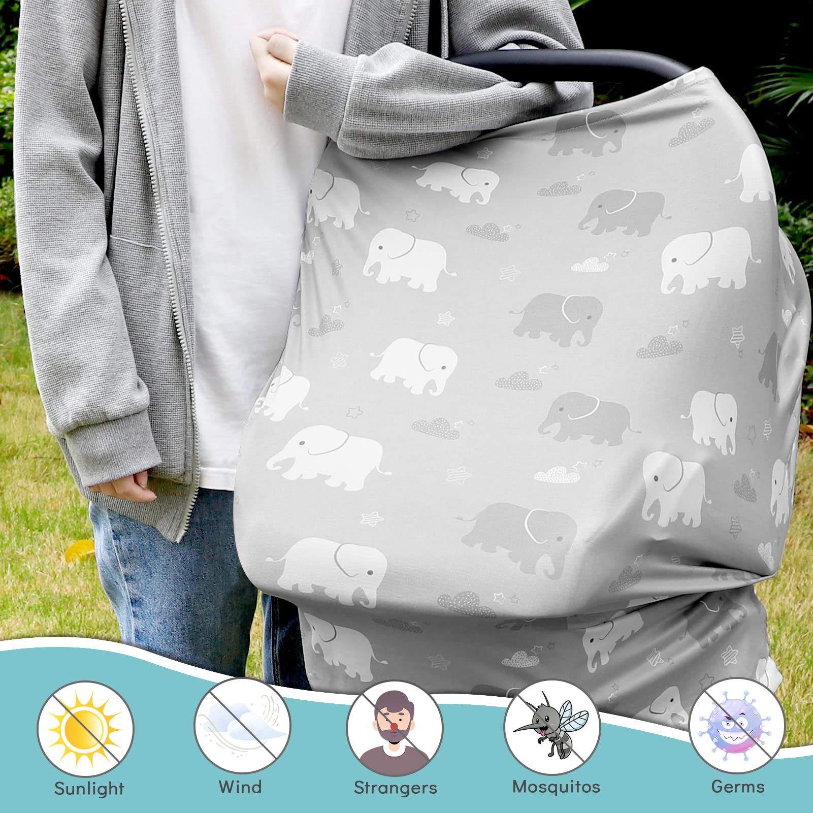 Nursing Cover Breastfeeding, Multi-use Baby Car Seat Covers Boys, Infant Stroller Cover, Stretchy Carseat Canopy, Soft Breathable, Elephant