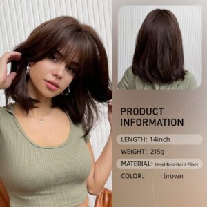 Kuefhs Brown Bob Wig with Bangs, Brown Wigs for Women Short Brown Wig Synthetic Wig 150% Density Synthetic Wigs with Bangs This Brown Bob Wig is Slightly Reddish in the Sun