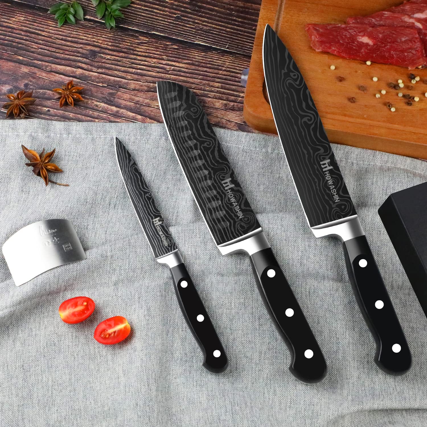 Howashin Kitchen Knife Set Sharp Janpanene Knife Set Sharp High Carbon Chef Knife Ergonomic Handle With Finger Guard and Christmas Gift Box