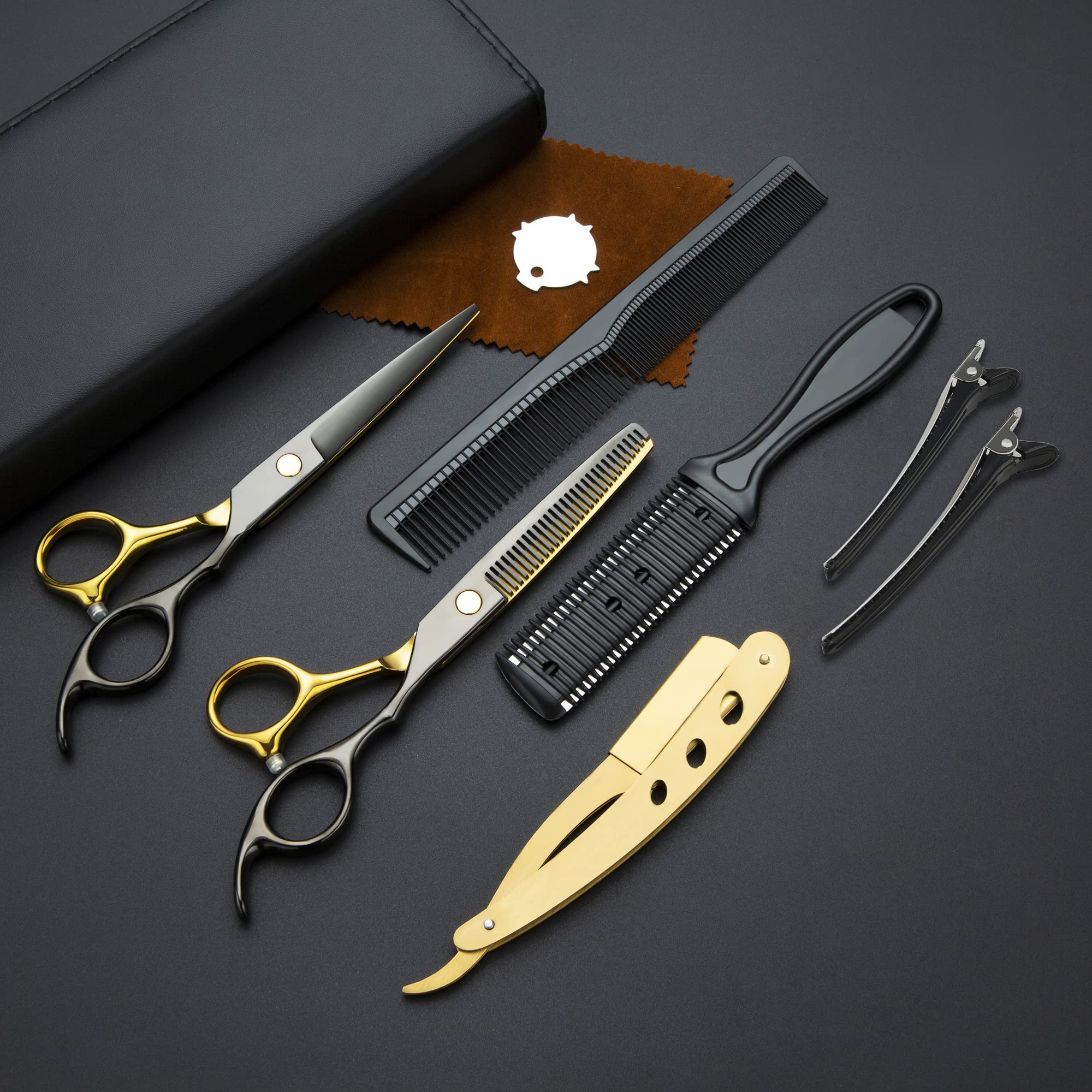 Black Gold Hair Cutting Scissors Professional Stainless Steel Barber Hair Thinning Shears Salon Multifunctional Straight Hair Cutting Shears Teeth Scissors Hair Cutting Scissors Kit for Home Use