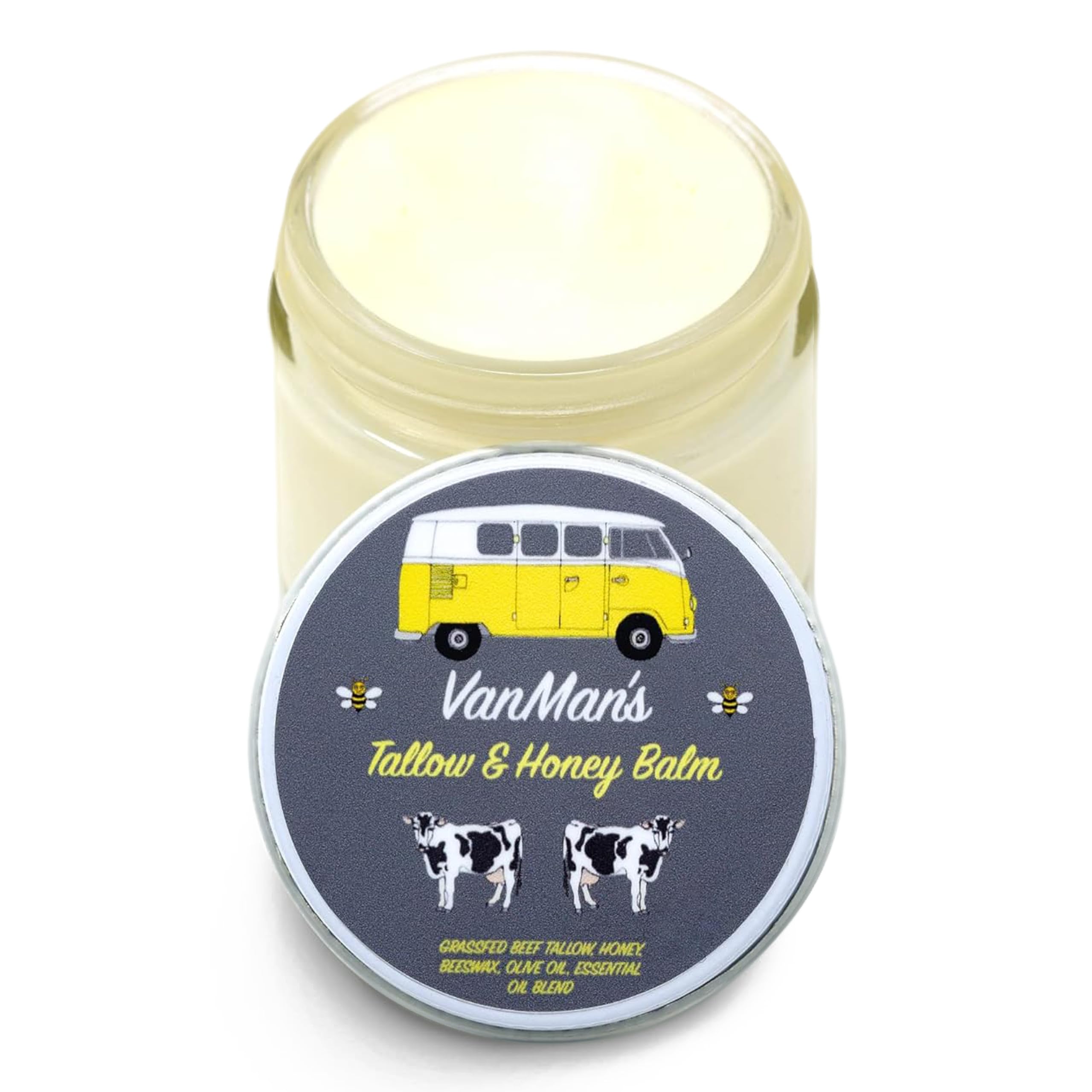 Vanman's Tallow and Honey Balm - Tallow Face Moisturizer with Grass-Fed/Finished Beef Tallow for Skin and Essential Oils, Organic Raw Honey and Beeswax, Cold Pressed Olive Oil - 2 oz