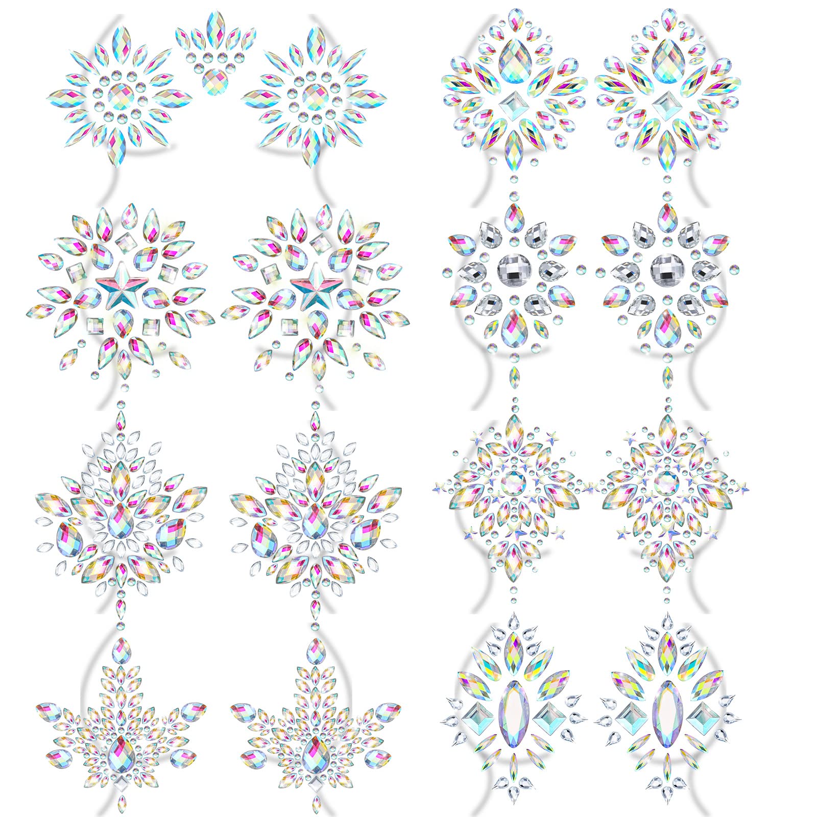 8 Sheet Rhinestone Pasties Glitter Pasties Breast Covers Crystal Tattoo Jewels Pasties Rave Adhesive Breast Body Gems Temporary Chest Stickers Stick Decoration Pasties for Women Festival Makeup Decor