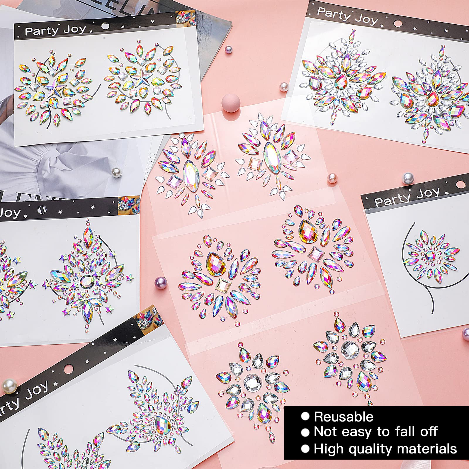 8 Sheet Rhinestone Pasties Glitter Pasties Breast Covers Crystal Tattoo Jewels Pasties Rave Adhesive Breast Body Gems Temporary Chest Stickers Stick Decoration Pasties for Women Festival Makeup Decor