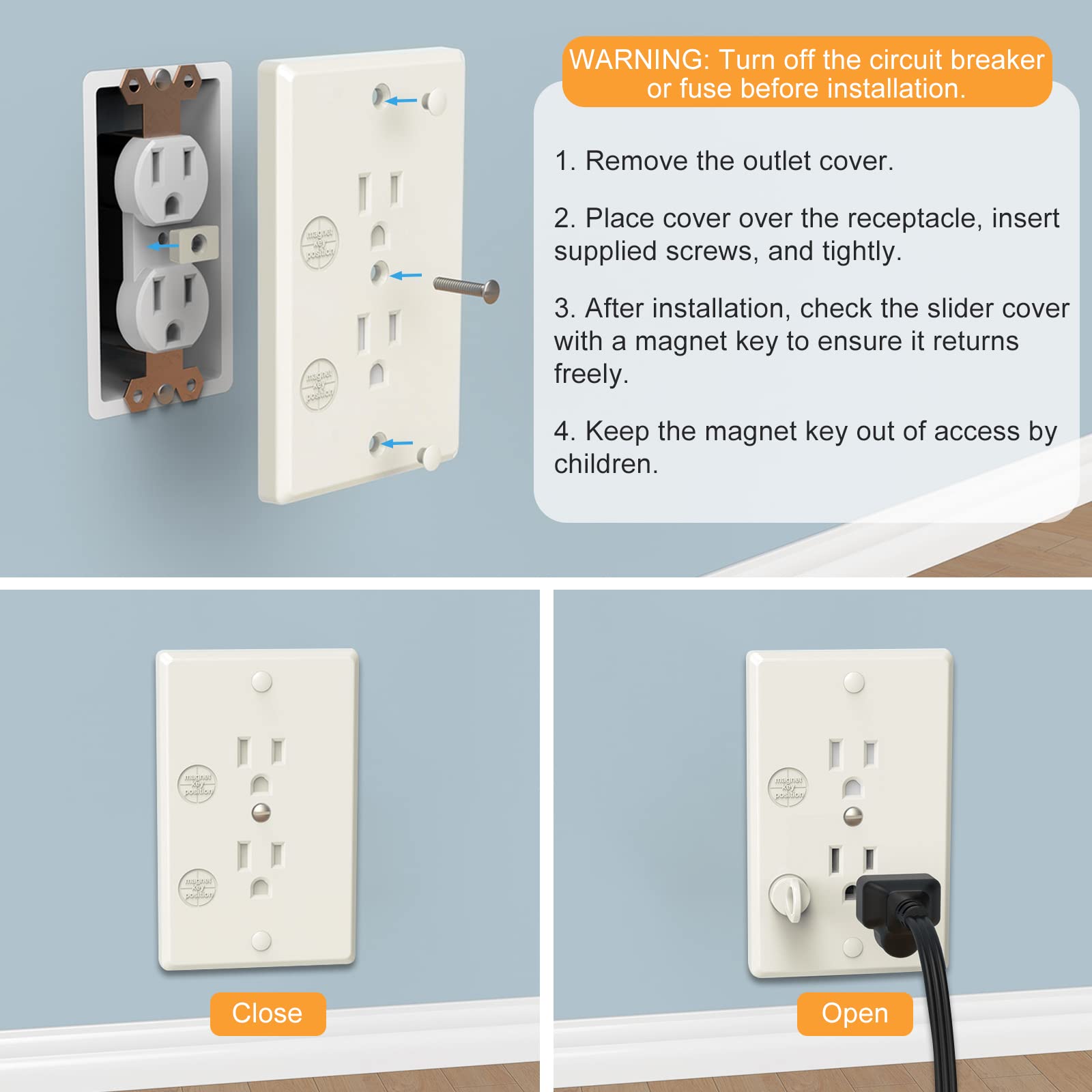 Magnetic Self-Closing Outlet Cover AOSITE 6 Pack Outlet Covers Baby Proofing Safety Cream White Power Plug Protectors with Screw Childproof Outlet Cover for Baby Safety, 10 Pack Outlet Plug Covers