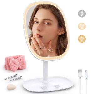 HDUYFYD Makeup Mirror with 72 LED Lights, Touch Sensor Control, Three Modes, HD Wide-Angle Viewing, Adjustable Stand, Storage Compartments, Light-Up, Tabletop Mount, Oval Shape