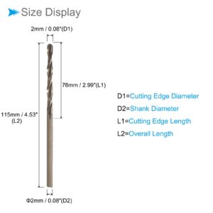 CoCud Twist Drill Bits, 2mm Cutting Edge, Titanium & Nitride Coated High Speed Steel 6542 Round Shank - (Applications: for Stainless Steel Drilling Machine), 5-Pieces