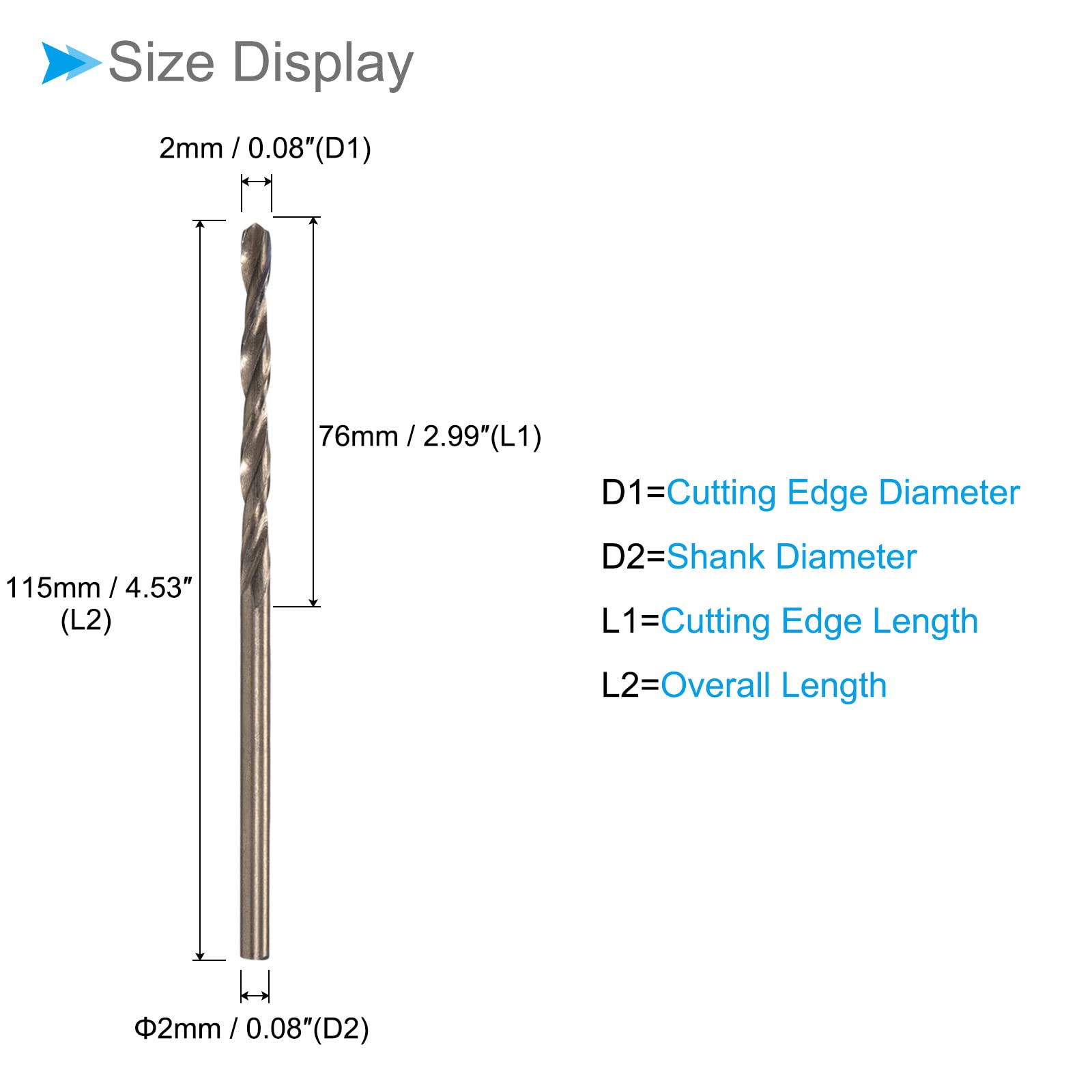 CoCud Twist Drill Bits, 2mm Cutting Edge, Titanium & Nitride Coated High Speed Steel 6542 Round Shank - (Applications: for Stainless Steel Drilling Machine), 5-Pieces