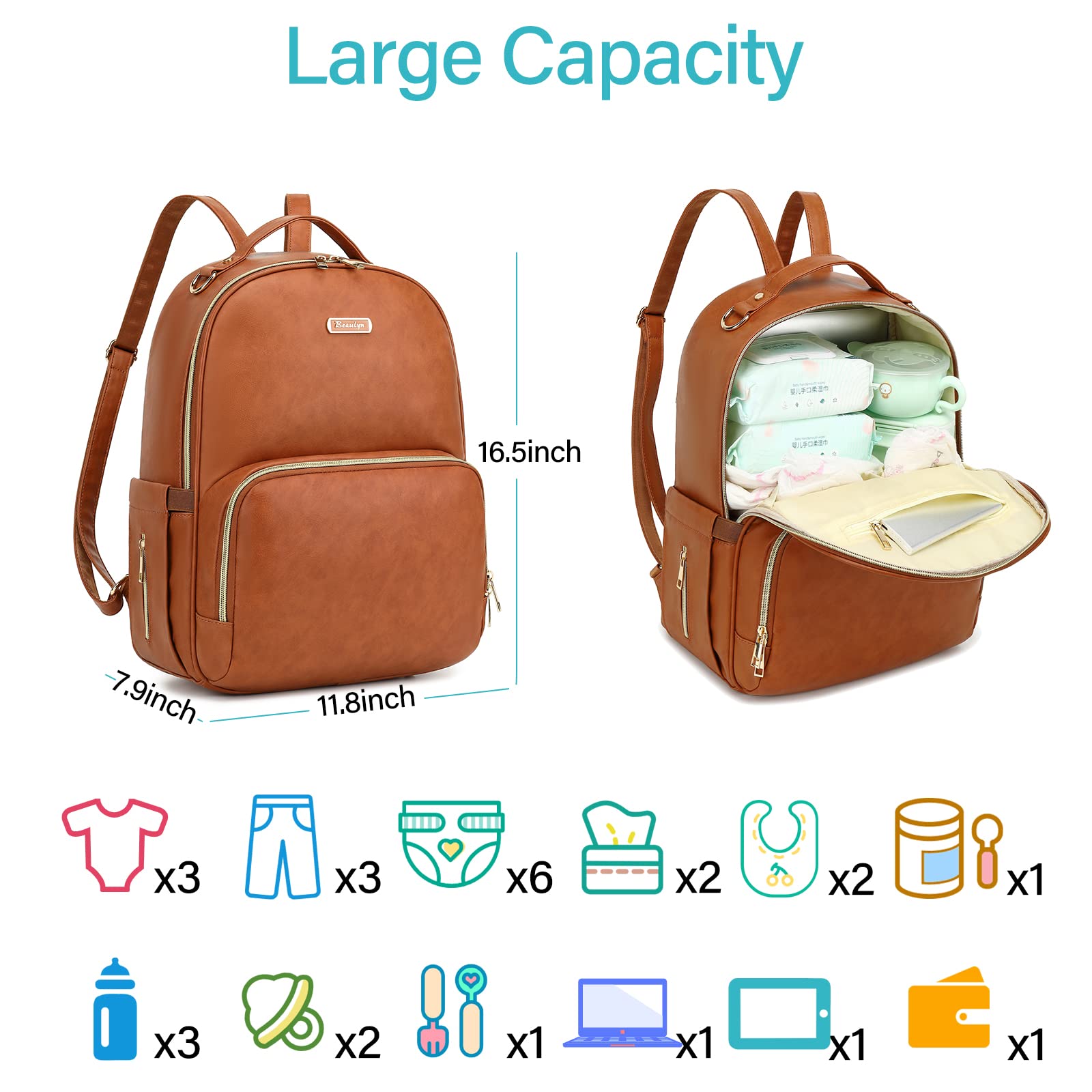 Beaulyn Leather Diaper Bag Backpack with Changing Pad - 14 Pockets Large Capacity Waterproof Baby Bag Backpack for Mom Dad, Perfect Baby Shower Gifts