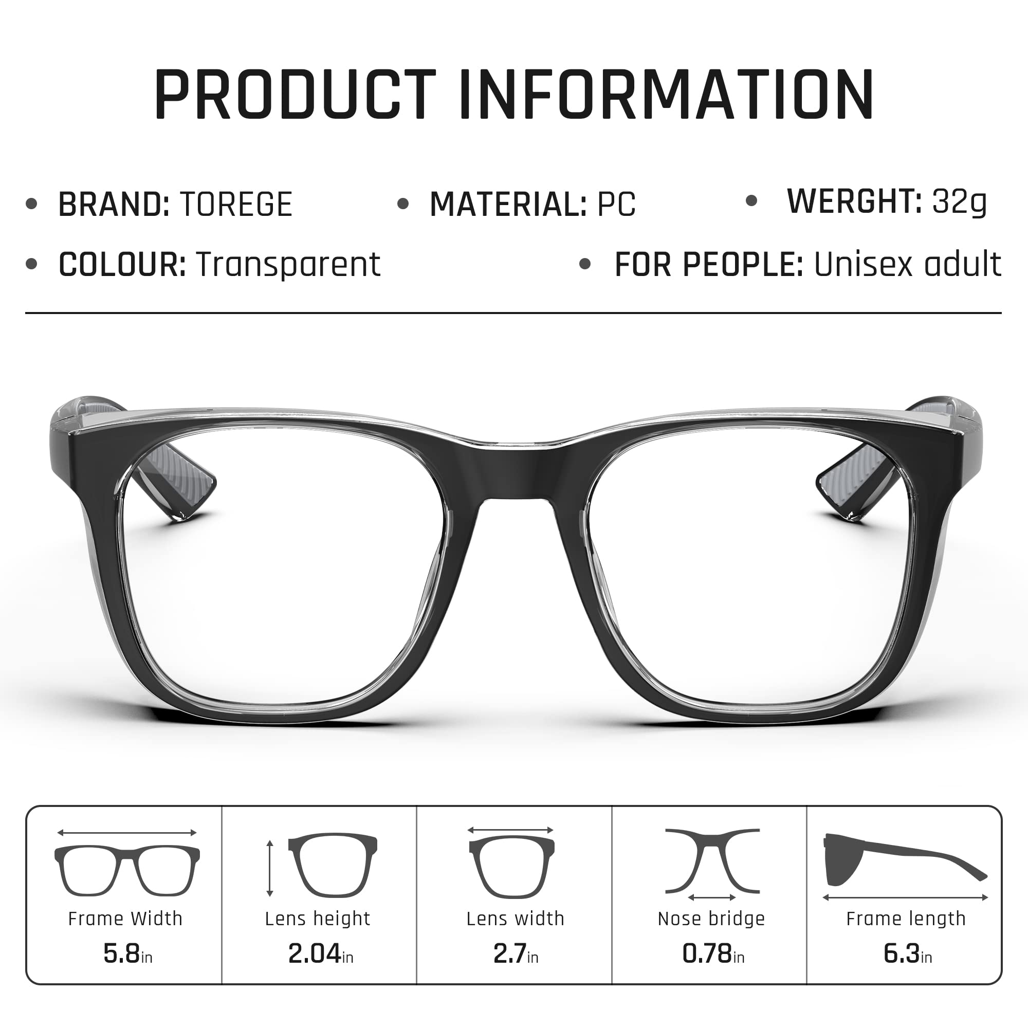 TOREGE Stylish Safety Glasses For Men And Women, Safety Goggles Eye Protection With Anti-Fog And Anti-Blue Light Lens, Light And Comfortable, Perfect Alt To Regular Protective Eyewear(Black/Gray)