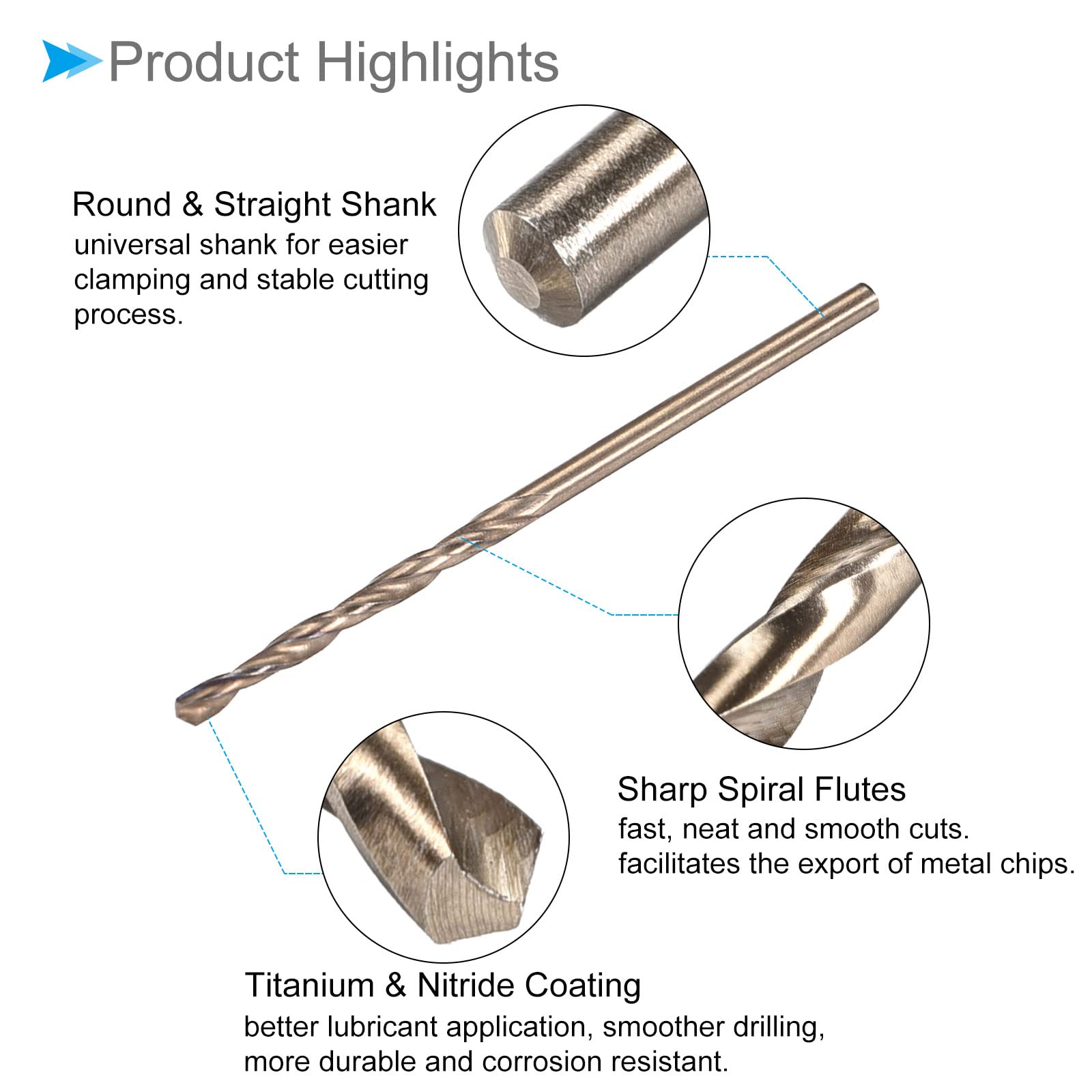 CoCud Twist Drill Bits, 2mm Cutting Edge, Titanium & Nitride Coated High Speed Steel 6542 Round Shank - (Applications: for Stainless Steel Drilling Machine), 5-Pieces