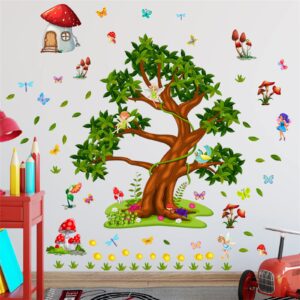 green tree wall decals jungle animals big tree fairy wall stickers 3d realistic cartoon mushroom room sticker peel and stick art can unleash your child's imagination suitable for children's room