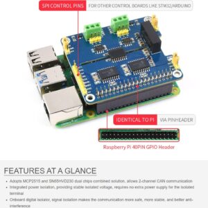 Waveshare Isolated CAN Expansion Board 2 Channel Compatible with Raspberry Pi 4B/3B+/3B etc. Series Boards