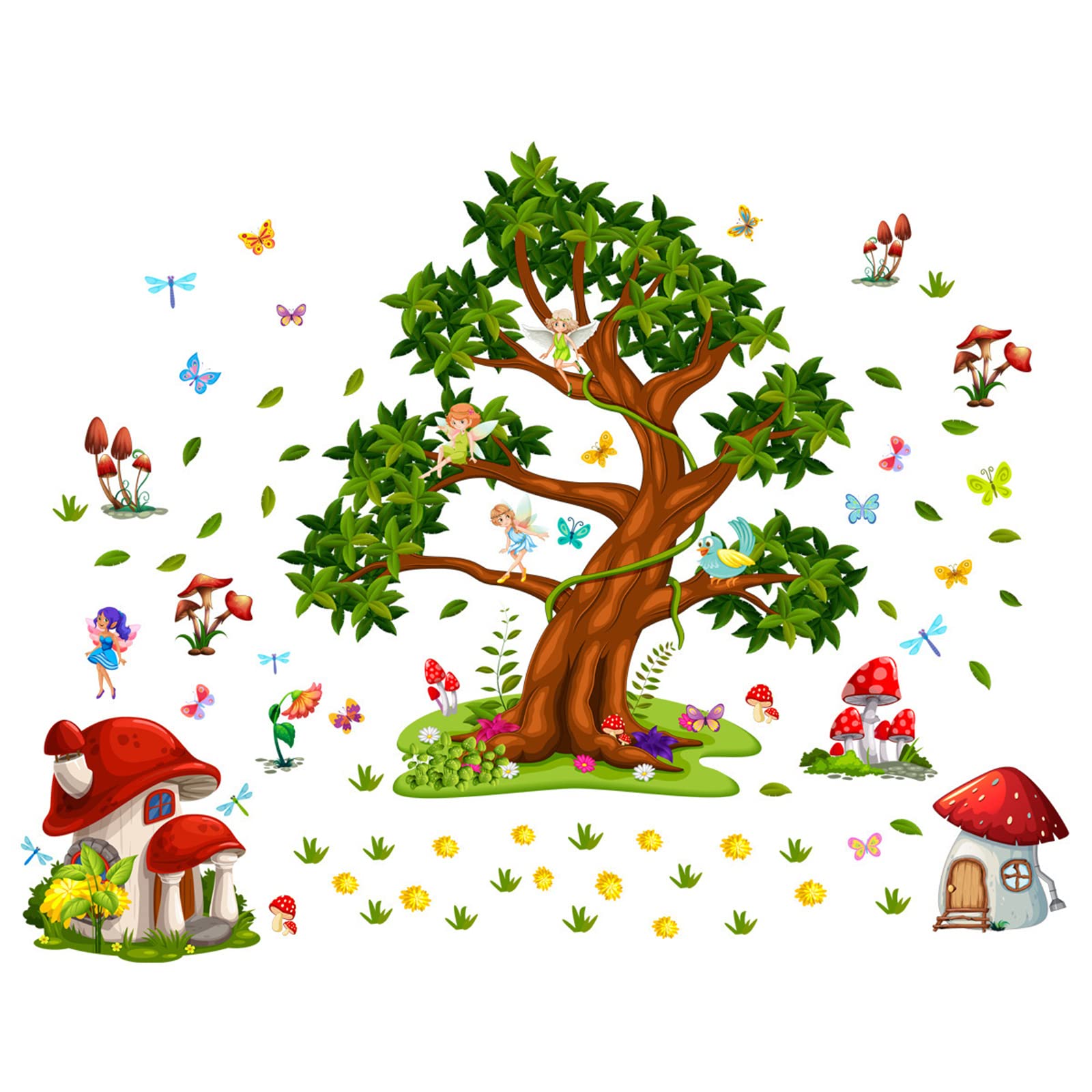 Green Tree Wall Decals Jungle Animals Big Tree Fairy Wall Stickers 3D Realistic Cartoon Mushroom Room Sticker Peel and Stick Art Can Unleash Your Child's Imagination Suitable for Children's Room