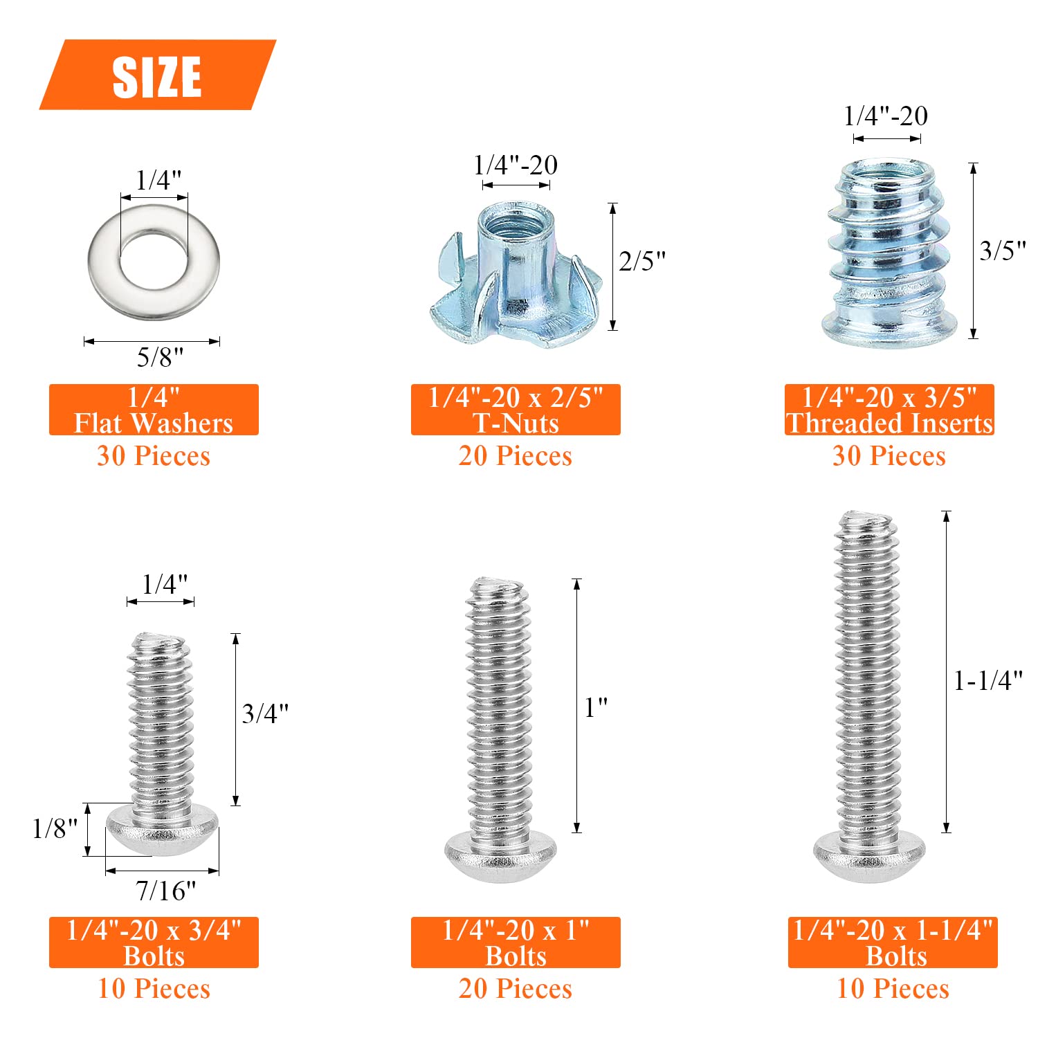 HELIFOUNER 1/4"-20 Threaded Inserts for Wood Furniture, 1/4"-20 T Nuts, 1/4-20 x 3/4", 1", 1-1/4" Button Head Socket Cap Screws, 1/4" Flat Washers Assortment Kit, 120 Pieces