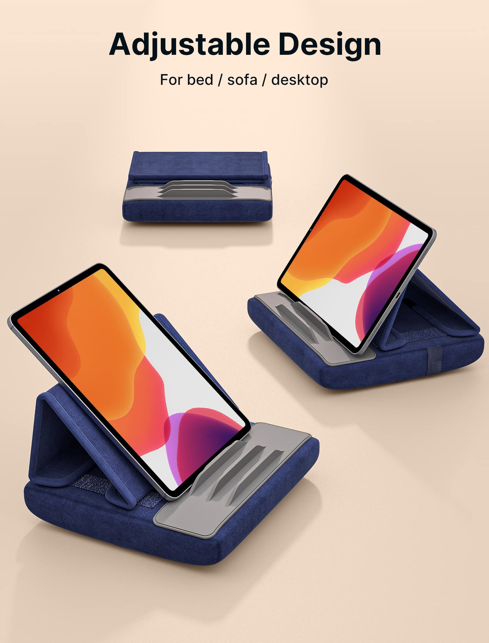 JSAUX Tablet Pillow Stand, Tablet Stand Holder Dock for Lap, Bed and Desk Compatible with iPad Pro 11 10.5 9.7 10.2 Air Mini, Kindle, Tablets, Phones, E-Reader, Books and More 4-11'' devices Navy Blue