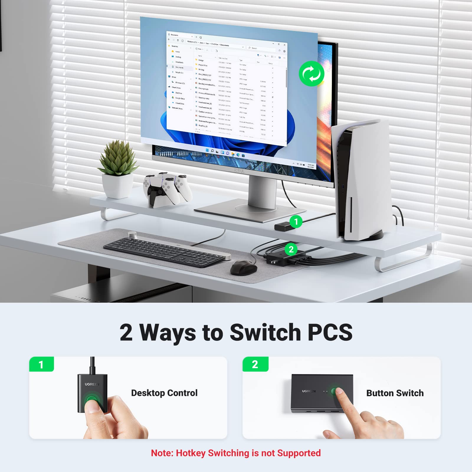 UGREEN KVM Switch, Share 4 USB Ports, USB and HDMI Switch for 2 Computers for Keyboard Mouse Printer to One Monitor Support 4K@60Hz, 3D, HDR, Include Desktop Controller, 2 USB Cables and 2 HDMI Cables