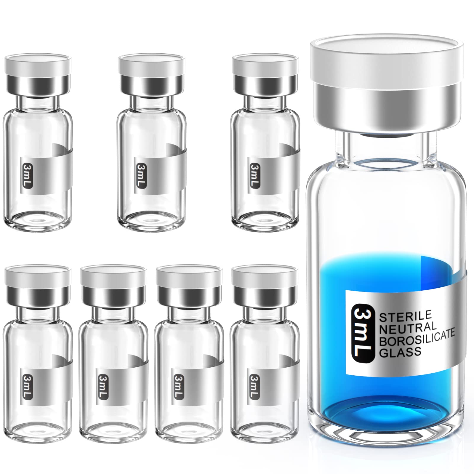 Biomed Solutions Empty Sterile Vial Sealed with Butyl Rubber Stopper and Flip Top Closure,Type 1 Borosilicate Glass Tubing,Individually Packed (3mL 8Pcs)