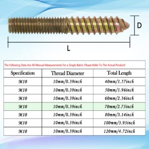 10pcs M10X70mm Double Ended Screws,Dowel Screw for Connecting Wood Wth M10 Hanger Bolt Driver