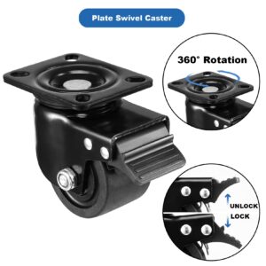 W B D WEIBIDA Plate Swivel Caster Wheels 3-inch Heavy Duty of 4400lbs, Low Gravity Center Design Black Caster Wheels with Brake, Durable & Quiet & Sturdy Nylon Wheels for Industrial, Set of 4