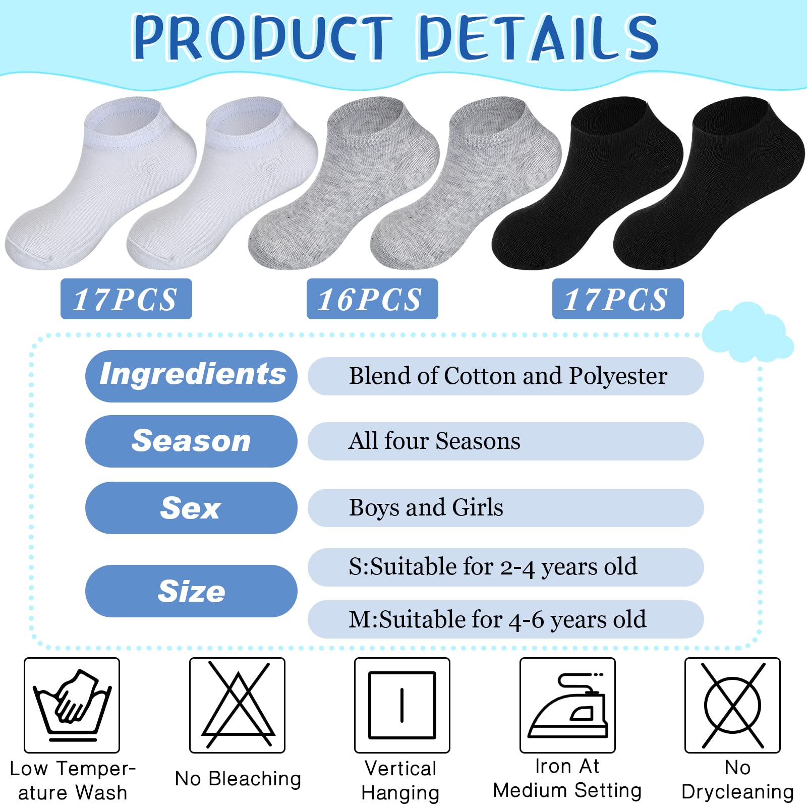 Handepo 50 Pairs Toddler Boys Socks, Low Cut Athletic Socks for Kids, Cotton & Polyester, S Size (2-4 yrs), Black, White, Gray