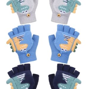 Bencailor 3 Pair Convertible Mittens Kids Knitted Warm Fingerless Gloves Toddler Cartoon Gloves with Mitten Cover for Boy Girl (Blue, Navy, Gray, Dinosaur)