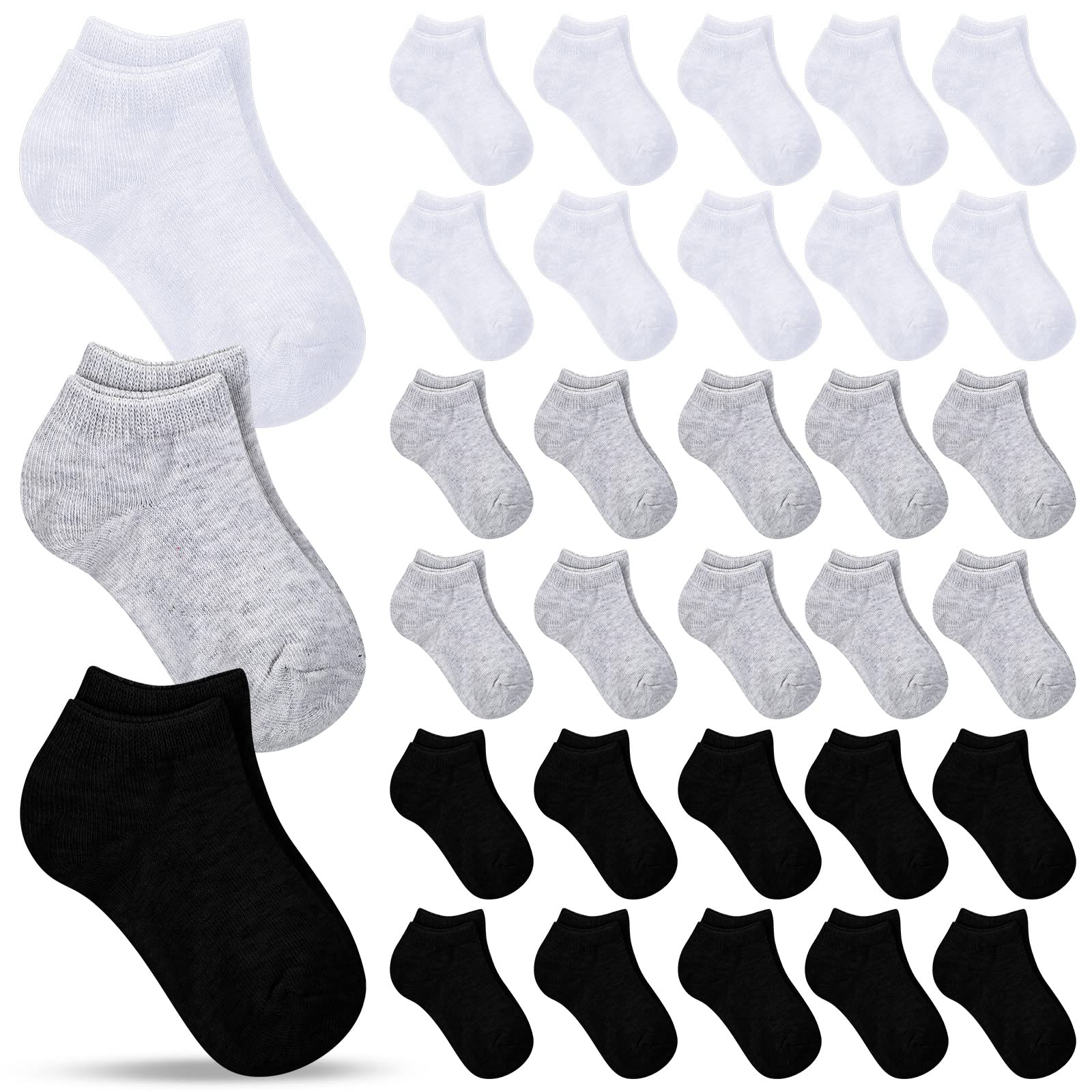 Handepo 50 Pairs Toddler Boys Socks, Low Cut Athletic Socks for Kids, Cotton & Polyester, S Size (2-4 yrs), Black, White, Gray