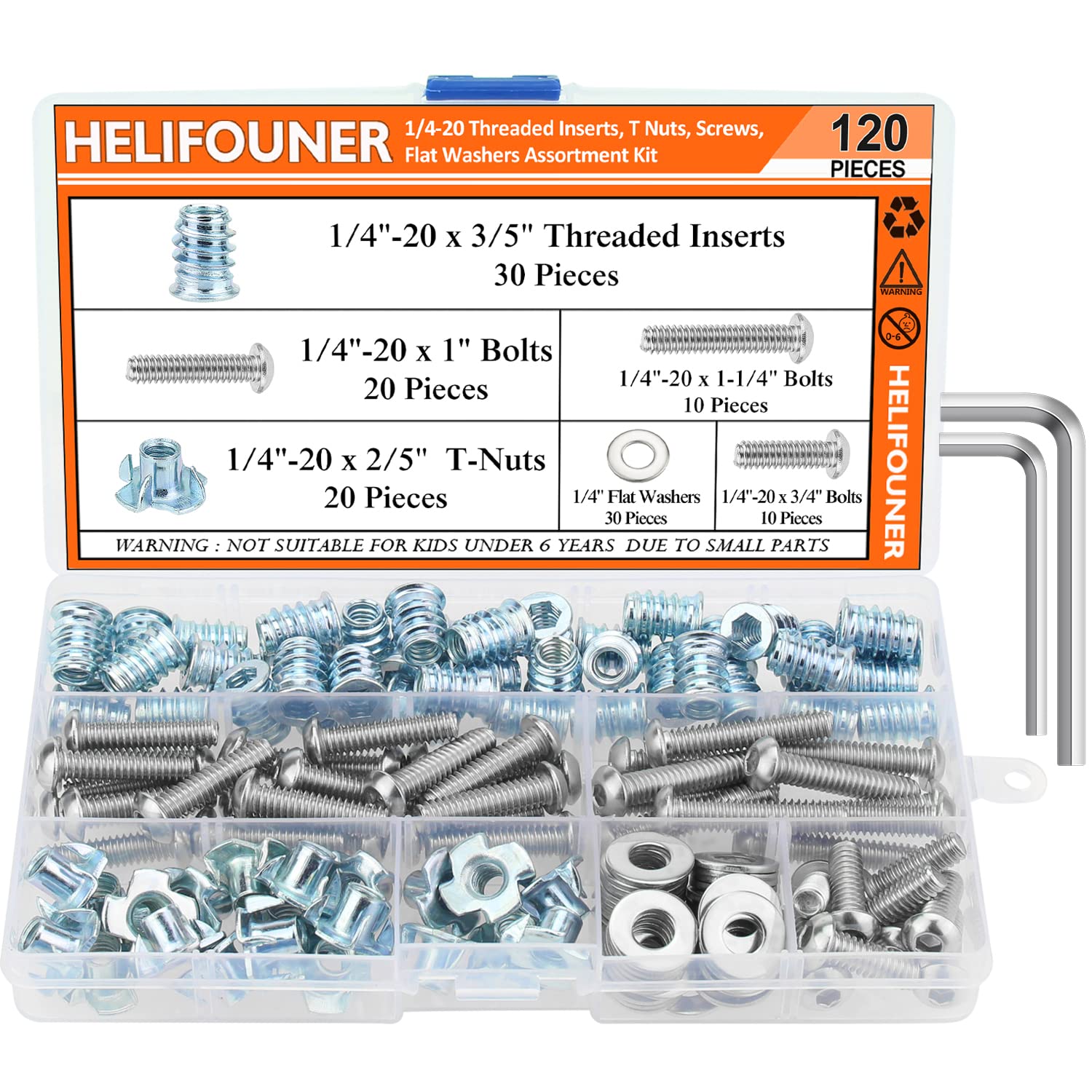 HELIFOUNER 1/4"-20 Threaded Inserts for Wood Furniture, 1/4"-20 T Nuts, 1/4-20 x 3/4", 1", 1-1/4" Button Head Socket Cap Screws, 1/4" Flat Washers Assortment Kit, 120 Pieces