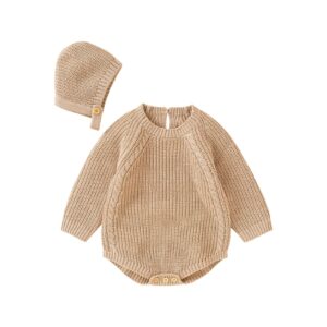 newborn baby girl boy knit sweater romper neutral one piece bodysuit pullover fall winter clothes (hat khaki, 0-3m)