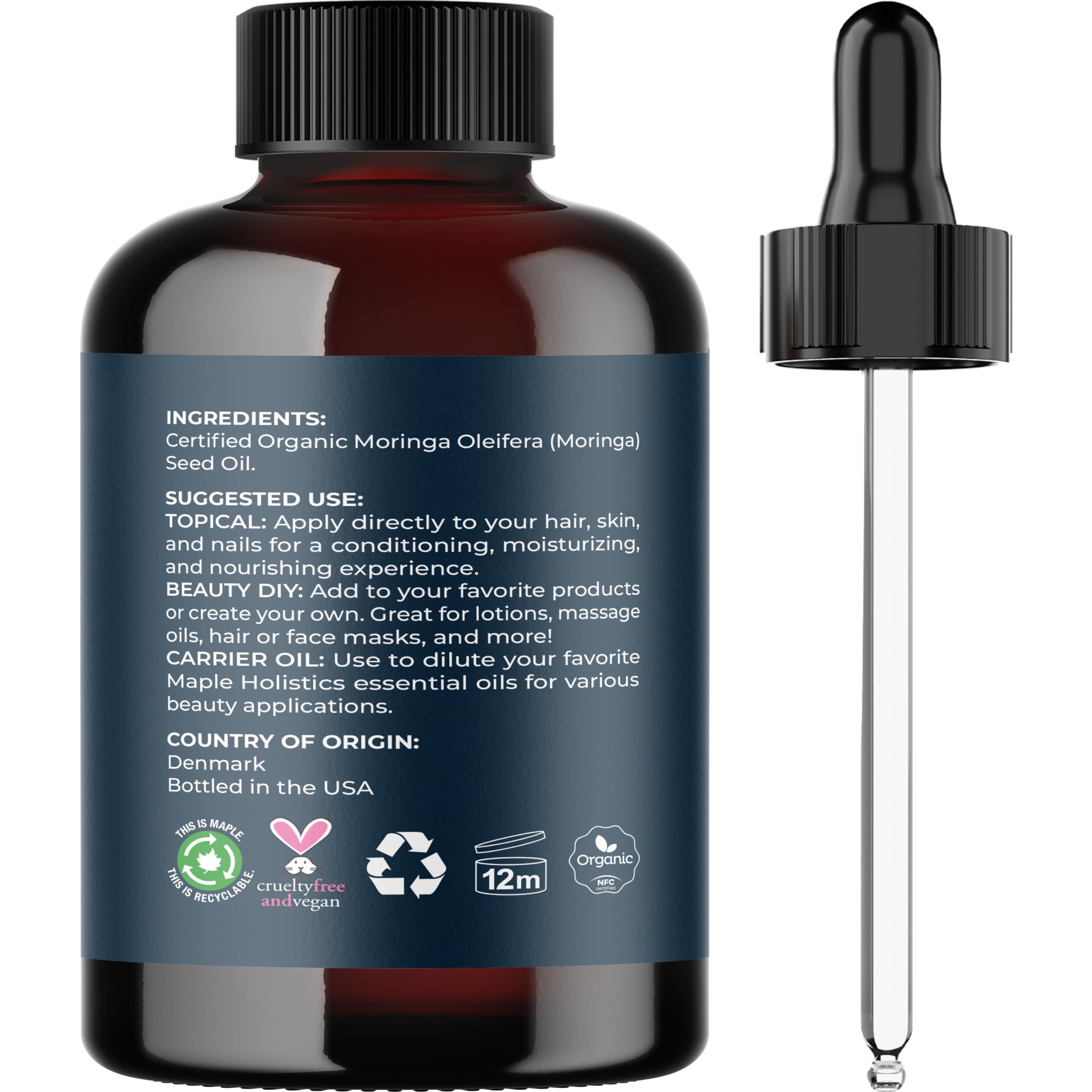 Organic Moringa Oil for Hair and Skin - Cold Pressed Virgin Unrefined Natural Pure USDA Organic Hair Oil for Dry Damaged Hair and Ultra Hydrating Face Oil - Carrier Oil for Essential Oils Mixing