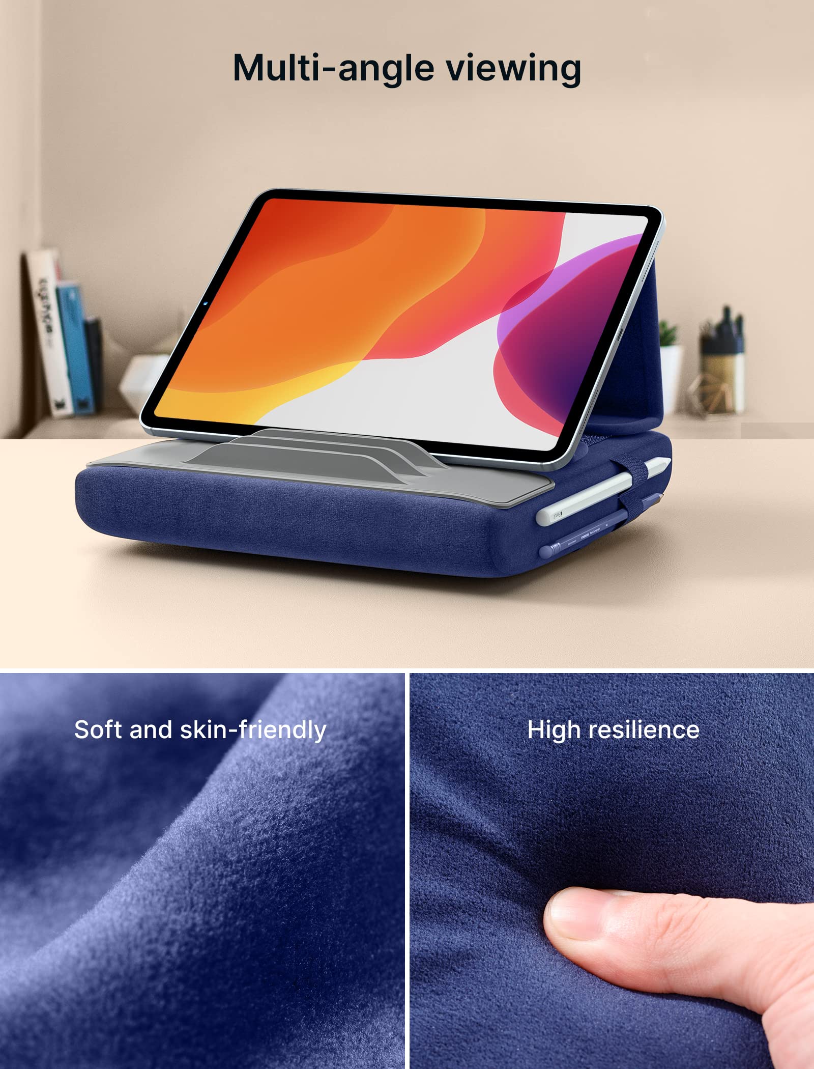 JSAUX Tablet Pillow Stand, Tablet Stand Holder Dock for Lap, Bed and Desk Compatible with iPad Pro 11 10.5 9.7 10.2 Air Mini, Kindle, Tablets, Phones, E-Reader, Books and More 4-11'' devices Navy Blue