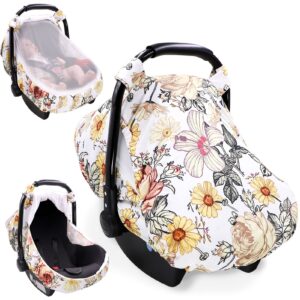 Floral Car Seat Insert,Cushion for Stroller, Swing, Bouncer, 2-in-1 Reversible, Floral Baby Car Seat Cover for Girl,Infant Carseat Canopy Sun Cover，Baby Carrier Cover with Zipped Peep Windows