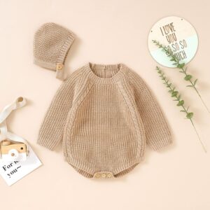 Newborn Baby Girl Boy Knit Sweater Romper Neutral One Piece Bodysuit Pullover Fall Winter Clothes (Hat Khaki, 0-3M)