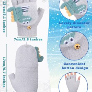 Bencailor 3 Pair Convertible Mittens Kids Knitted Warm Fingerless Gloves Toddler Cartoon Gloves with Mitten Cover for Boy Girl (Blue, Navy, Gray, Dinosaur)