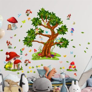 Green Tree Wall Decals Jungle Animals Big Tree Fairy Wall Stickers 3D Realistic Cartoon Mushroom Room Sticker Peel and Stick Art Can Unleash Your Child's Imagination Suitable for Children's Room