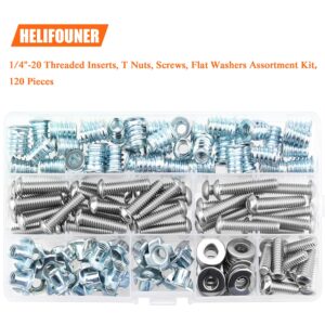 HELIFOUNER 1/4"-20 Threaded Inserts for Wood Furniture, 1/4"-20 T Nuts, 1/4-20 x 3/4", 1", 1-1/4" Button Head Socket Cap Screws, 1/4" Flat Washers Assortment Kit, 120 Pieces