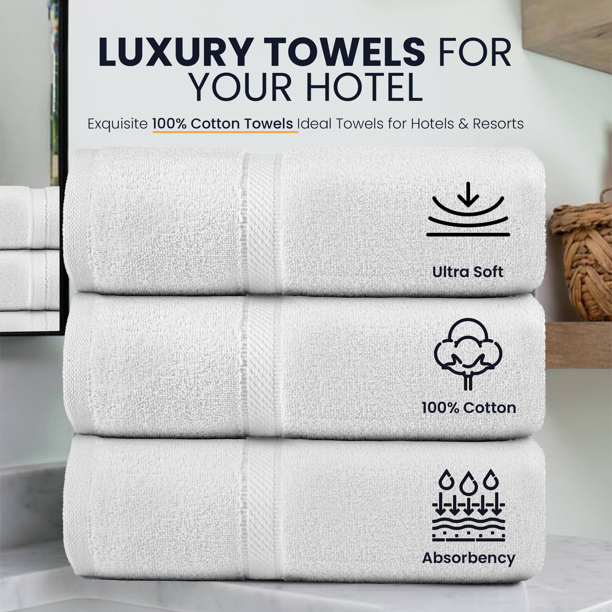 Belem Luxury Bulk Towels for Hotels - Pack of 60 (24x50) -100% Cotton - White Large Bath Towels Bulk - Save $149 in Bulk Bath Towels -Soft & Plush - Highly Absorbent, Quick Dry - Wholesale Towels Pack