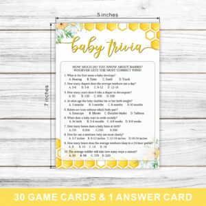 30 Honey Bee Themed Baby Shower Game Cards with an Answer Card, Baby Trivia double sided (5 X 7 inches)-（BABYYX-008）