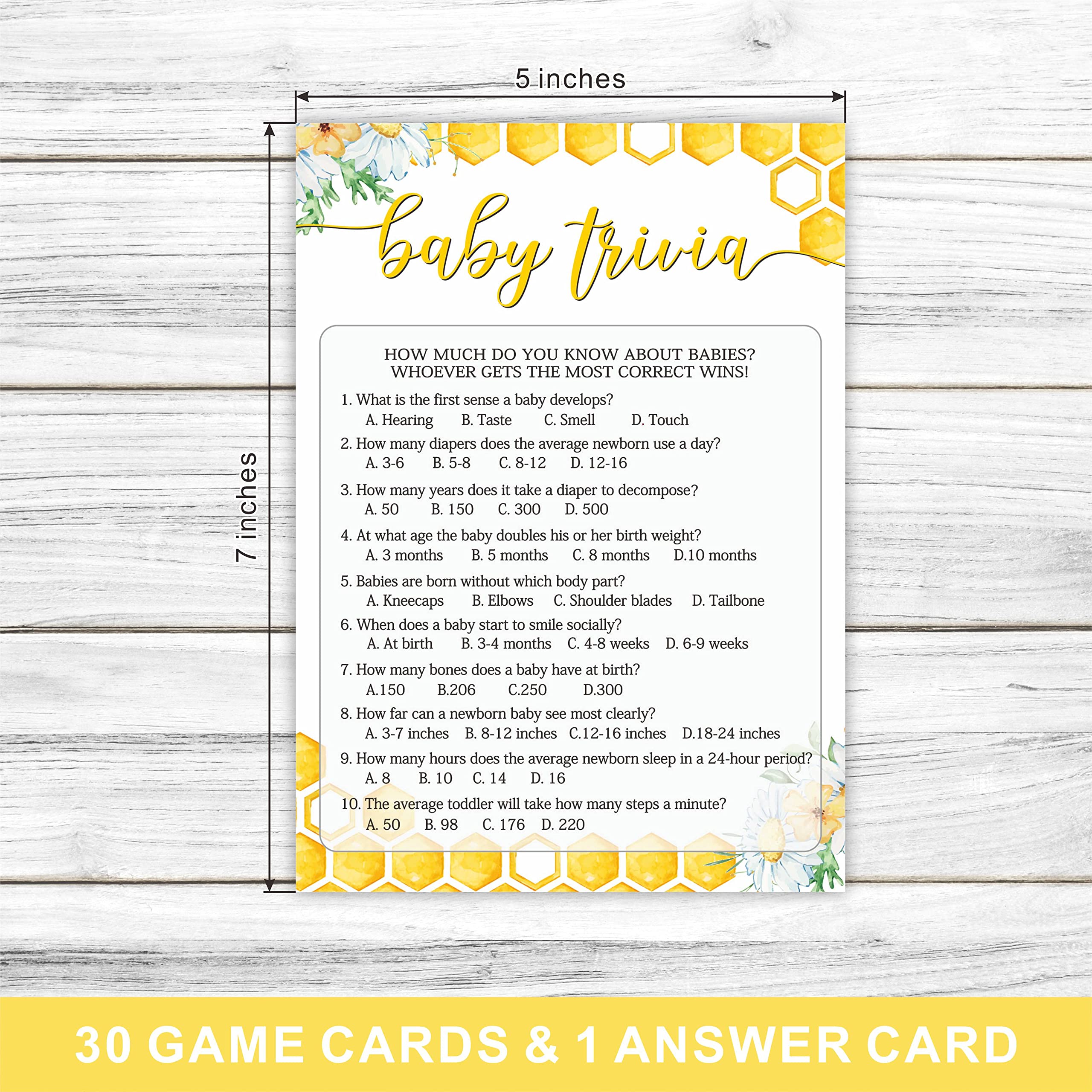 30 Honey Bee Themed Baby Shower Game Cards with an Answer Card, Baby Trivia double sided (5 X 7 inches)-（BABYYX-008）