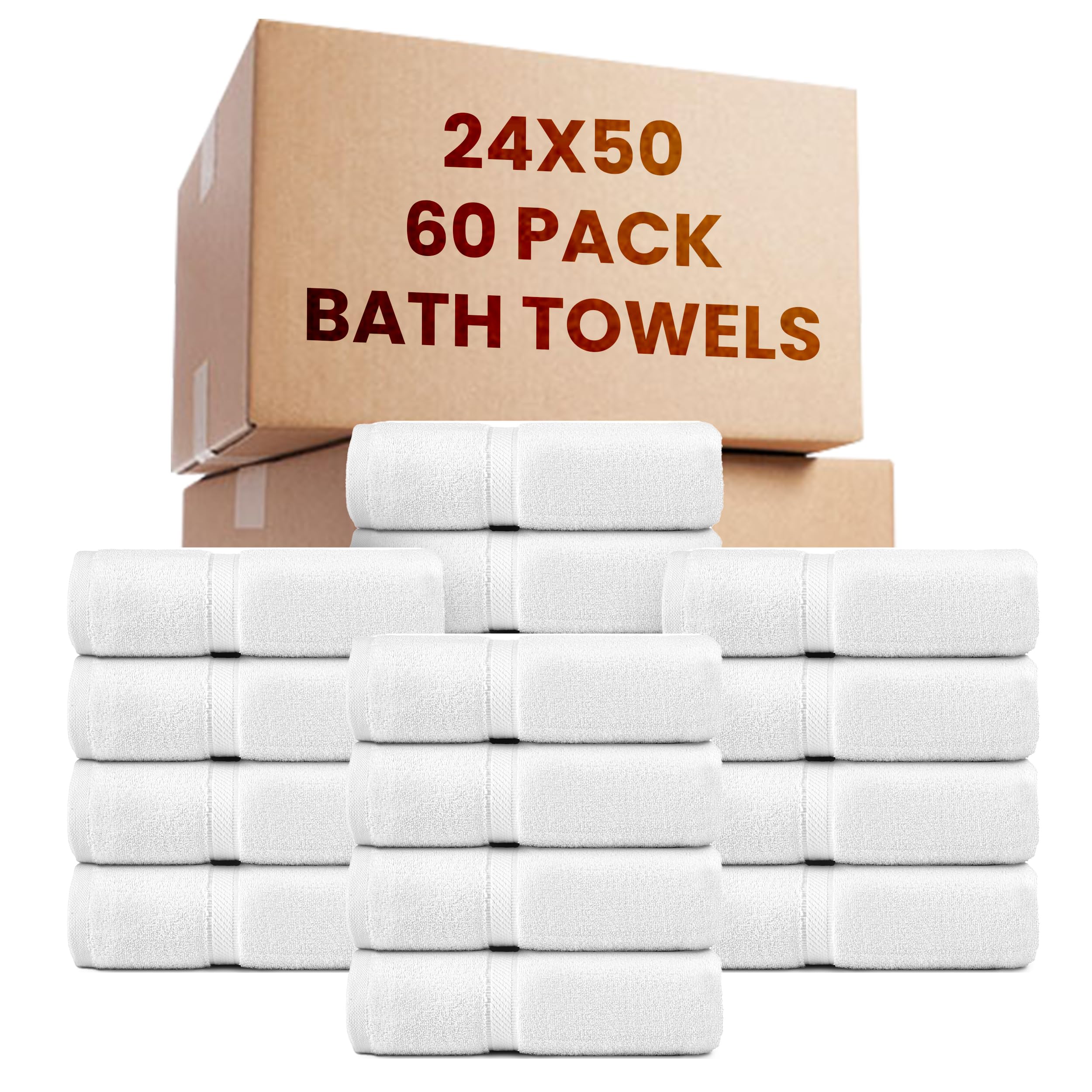 Belem Luxury Bulk Towels for Hotels - Pack of 60 (24x50) -100% Cotton - White Large Bath Towels Bulk - Save $149 in Bulk Bath Towels -Soft & Plush - Highly Absorbent, Quick Dry - Wholesale Towels Pack