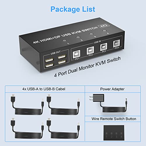 4 Port HDMI + DisplayPort KVM Switch Dual Monitor, UHD 4K@60Hz, KVM Switch 2 Monitors 4 Computers with 4 USB 2.0 Hub, Keyboard Video Mouse Peripherals Switcher for 4 PCs Dual Monitors