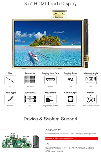 Waveshare Resistive Touch Screen IPS HDMI LCD in 3.5inch Compatible with Raspberry Pi 4B/3B+/3B etc. Series Boards Supports PC