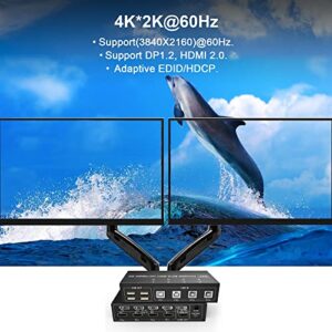 4 Port HDMI + DisplayPort KVM Switch Dual Monitor, UHD 4K@60Hz, KVM Switch 2 Monitors 4 Computers with 4 USB 2.0 Hub, Keyboard Video Mouse Peripherals Switcher for 4 PCs Dual Monitors