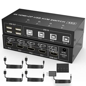 4 port hdmi + displayport kvm switch dual monitor, uhd 4k@60hz, kvm switch 2 monitors 4 computers with 4 usb 2.0 hub, keyboard video mouse peripherals switcher for 4 pcs dual monitors