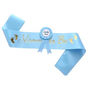 hukonhep 2 packs blue baby shower sash, mommy to be sash and daddy to be badge, baby shower decorations for boys, gender reveals gift