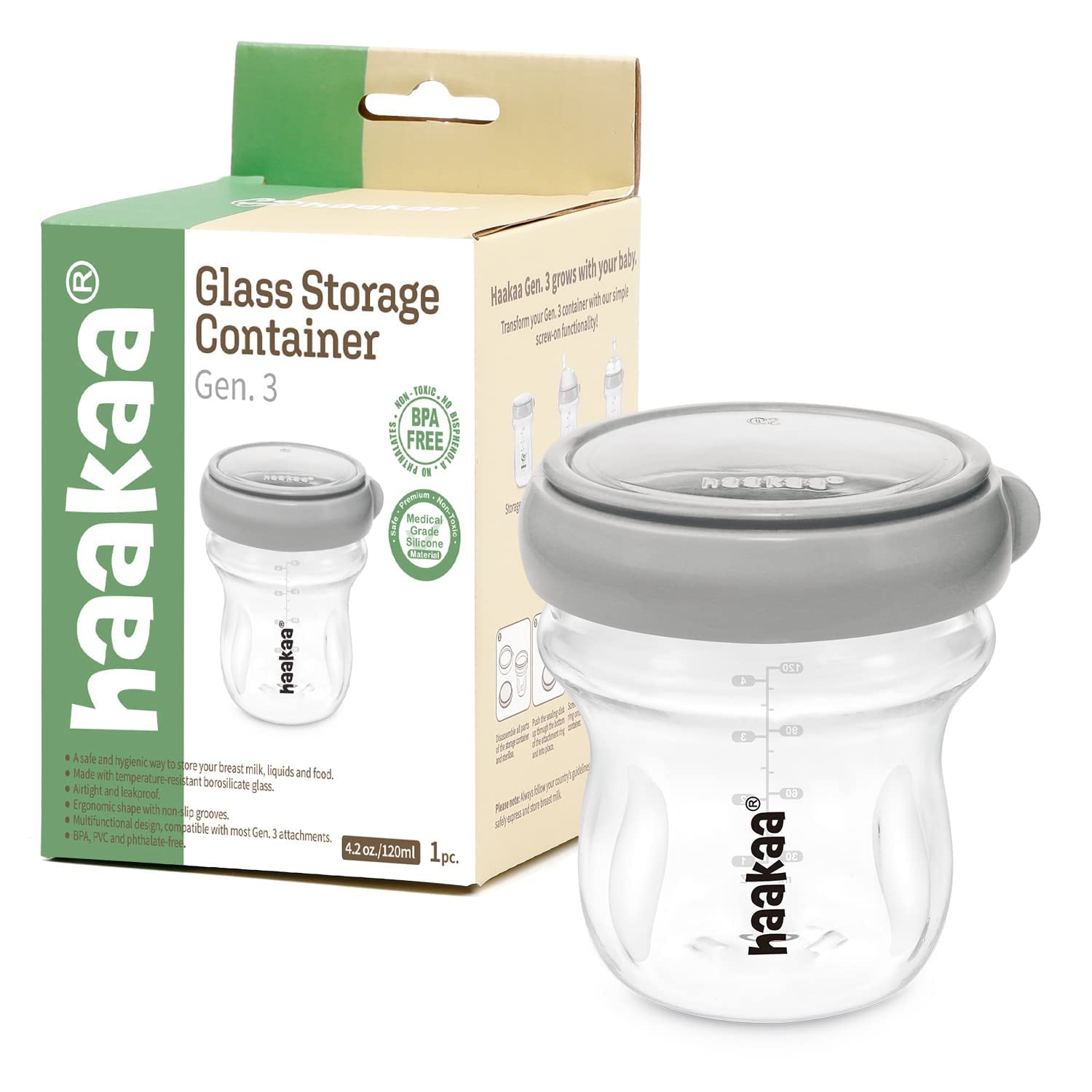 haakaa Breastmilk Storage Container Glass Baby Food Jar- Baby Food Storage Containers Leakproof Lid, Gen.3 Baby Bottle, Microwave and Freezer-Friendly,BPA-Free(Grey, 4.2oz/120ml, 1 pc)