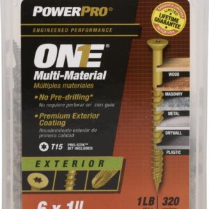 Power Pro Premium One Multi-Material Flat Head Screws, Epoxy Coated Steel, Fasten in Wood, Metal, Concrete, Drywall and Plastic, Bronze, #6 x 1 inch, Box of 320 Screws